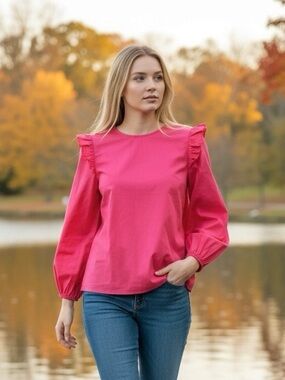 J. Crew Pink / Coral Ruffle Long Sleeve Top Blouse Size M NWT